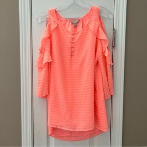 Belle Sky Ruffled Cold Shoulder Blouse Coral Size S